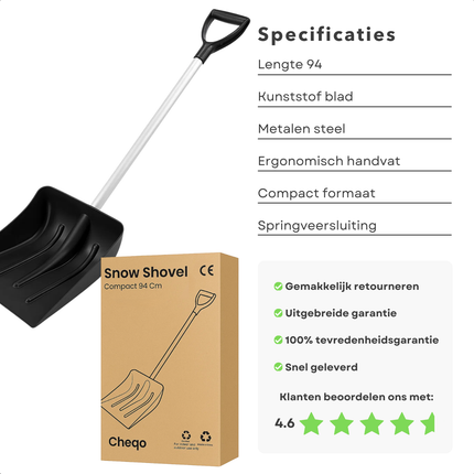 Cheqo® Compacte Sneeuwschep - Kunststof Sneeuwschep - Auto Noodschep - Verchroomde Metalen Steel - Springveersluiting - Gemakkelijk Mee Te Nemen - Sneeuwschuiver - Stevige Steel - Auto Accessoires Winter - Sneeuwruimen
