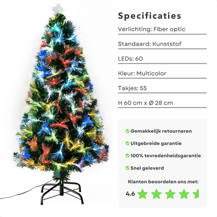 Cheqo® Kleine Kunstkerstboom - Kerstboom met Verlichting - Fiber Optic Verlichting - 60 cm - Multicolor LED - Binnengebruik