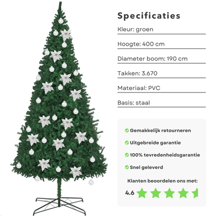 Cheqo® Kunstkerstboom PVC - Kunst Kerstboom - 400 cm - Levensecht PVC - Voor Binnengebruik - Eenvoudige Montage