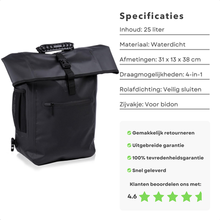 Cheqo® Waterdichte Fietsrugzak 25L - Fiets Rugzak - Fietstas Enkel - Multifunctioneel - Rol Top - Ideaal voor Woon-werkverkeer