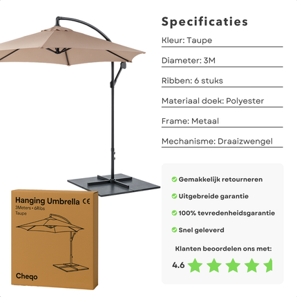 Cheqo® Zweefparasol 3M - Zweef Parasol Kantelbaar - Verstelbaar Stalen Frame - Inclusief Voet - Voor Tuin en Balkon - Taupe