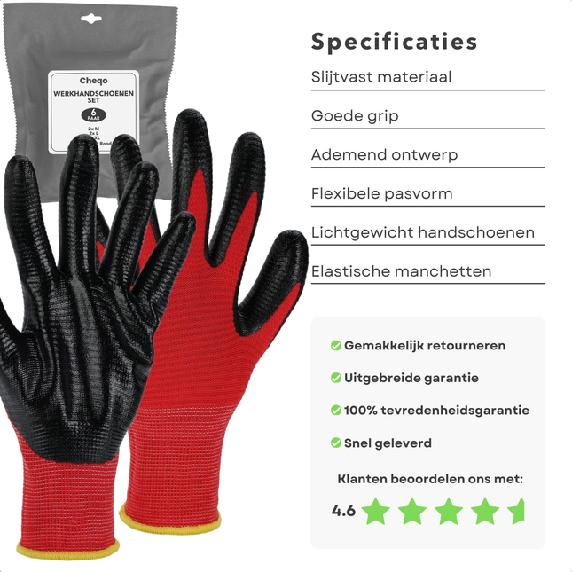 Cheqo® Werkhandschoenen 6 Paar - Bouw Handschoenen Set - Veiligheidshandschoenen Zwart Rood - Maat M L XL - Werk Handschoenen