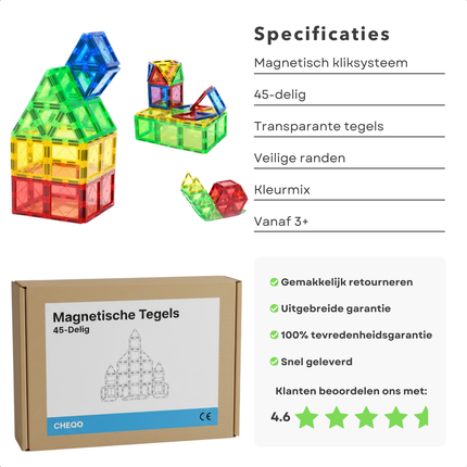 Cheqo® Magnetische Tegels - Magnetic Tiles - Magnetisch Speelgoed - Magnetische Bouwstenen - Magnetisch Bouwspeelgoed - Magnetisch Constructiespeelgoed - Magnetische Bouwblokken - Magnetische Blokken - Magneten Speelgoed