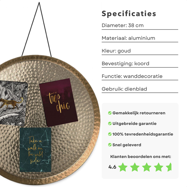 Cheqo® Hangende Decoratie Schaal - Decoratieschaal - Wanddecoratie Schaal - Goud Aluminium - 38 cm - Multifunctioneel Wandbord - Dienblad