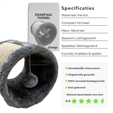 Cheqo® Kattentunnel met Krabfunctie - Krabpaal - Kattenspeelgoed - Interactief Speelgoed met Bal - Sisal Krabton - Duurzaam en Leuk