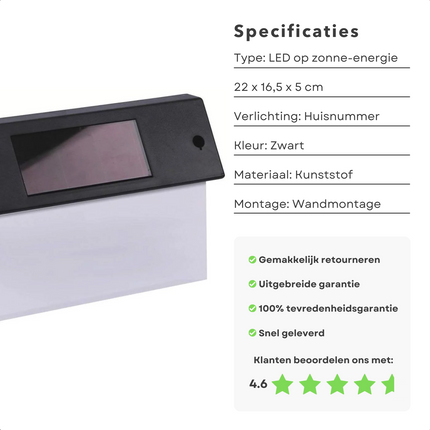Cheqo® Solar LED Huisnummer op Zonne-energie -Buitenlamp op Zonne-Energie - Automatische Sensor - Duurzaam - Weersbestendig - Incl. Montagemateriaal - Geen Elektra Nodig - Energie Besparen - RVS Huisnummers