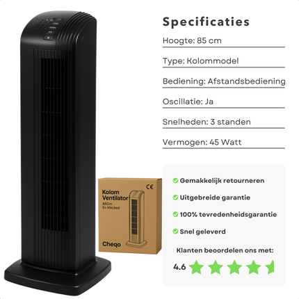 Cheqo® Kolomventilator - Kolom Ventilator - Staande Ventilator - Fan - Airco Alternatief - Torenventilator - Stille Draaibare Ventilator met Timer en Afstandsbediening