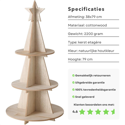 Cheqo® XL Kerst Etagere - Hout - Kerstdecoratie - Kerstboom Etagere - Kerst Serveerplank - Serveertoren - Serveerschaal - Kerstontbijt - Kerstdiner