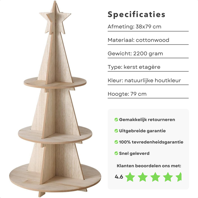Cheqo® XL Kerst Etagere - Hout - Kerstdecoratie - Kerstboom Etagere - Kerst Serveerplank - Serveertoren - Serveerschaal - Kerstontbijt - Kerstdiner