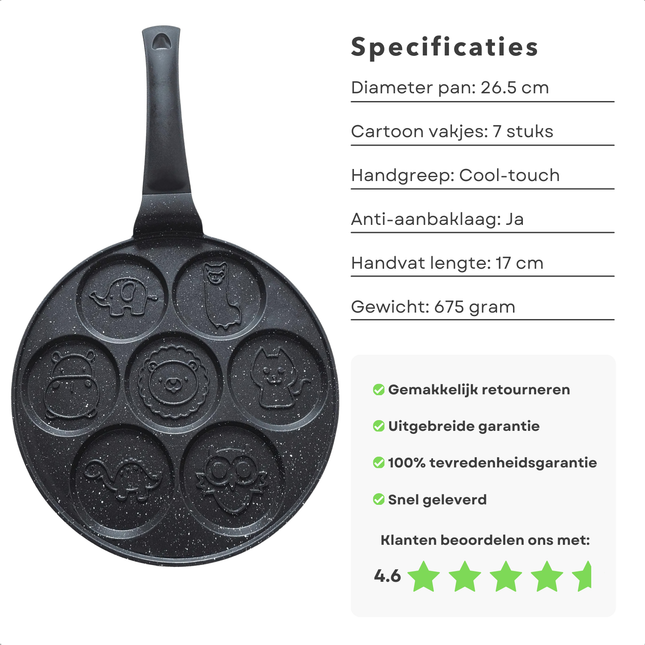 Cheqo® Pannenkoekenpan met cartoon vakjes, 7 stuks, 26.5 cm, aluminium met anti-aanbaklaag en cool-touch handgreep.