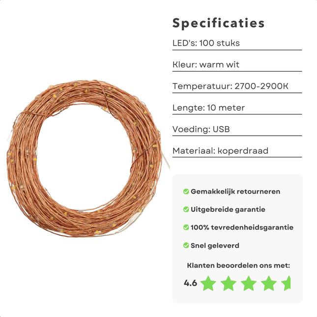 Cheqo® LED Lichtslinger USB - Kerstboomverlichting - Kerstlampjes - Kerstverlichting - Warm Wit - 10 Meter USB - Flexibele Koperdraad Verlichting