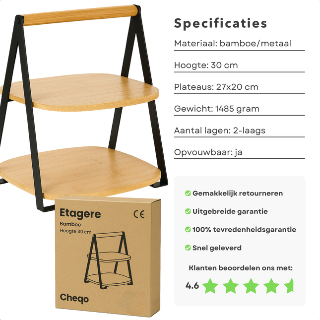 Cheqo® Bamboe Etagere - 2-Laags Etagere - Inklapbare Etagere - Serveertoren Bamboe - Bamboe En Metaal - 30 cm Hoogte - Eenvoudig Inklapbaar - Niet Vaatwasserbestendig - Bamboe Serveerplateau - 2 Lagen - Bamboe Hout - Stijlvolle Etagere