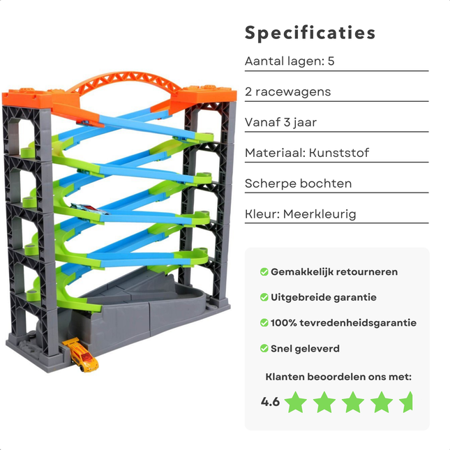 Cheqo® Racebaan met Vijf Lagen - Inclusief 2 Raceauto's - Educatief Speelgoed - Kunststof