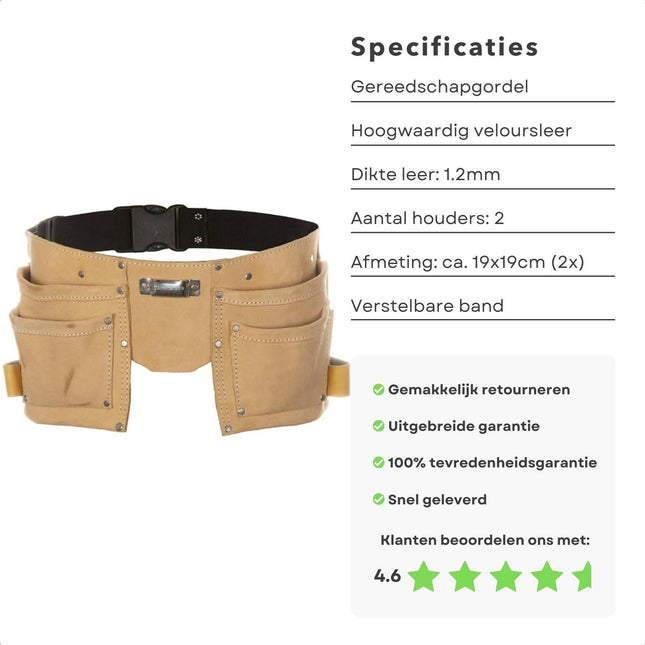 Cheqo® ToolPack Gereedschapgordel - Hoogwaardig Veloursleer - 2 Houders - Verstelbare Band - Veel Opbergmogelijkheden - Afmeting 19x19cm (2x) Gereedschap