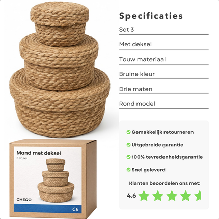 Cheqo® Opbergmand Met Deksel - Mand Met Deksel - Ronde Opbergmand Met Deksel - Opbergmand Set - Set Opbergmanden Met Deksel - Manden Set Met Deksel - Opbergmandjes Met Deksel - Mandjes Met Deksel - Bruine Opbergmand Met Deksel