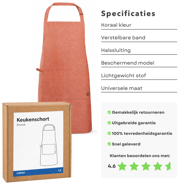 Cheqo® Keukenschort Koraal - Kookschort Koraal - Schort Koraal - Keukenschort Verstelbaar - Kookschort Verstelbaar - Schort Koken - Schort Keuken - Kookschort Keuken