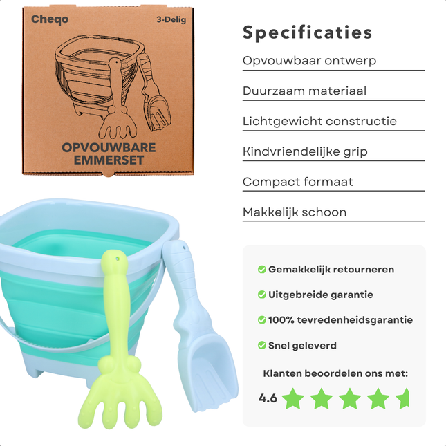 Cheqo® Opvouwbare Emmer Set - Emmer en Schepje - Strand Speelgoed - Strandspeelgoed Kinderen - 3-delig - Compact en Duurzaam