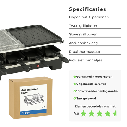 Cheqo® Gourmetstel Voor 8 Personen - Steengrill En Gewone Grill - Gourmetten Met Vrienden - Kerst Gourmetset - 8 Mini-Pannetjes - 9 Spatels Inbegrepen - Gourmetten - Grillplaat - Gourmet Stel - Tafelgrill