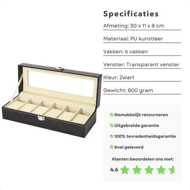 Cheqo® Horlogebox - Horlogedoos - Sieradendoos - Zwart - 6 Vakken - PU Leer - Transparant Venster - 30x11x8 cm