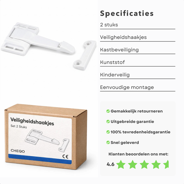 Cheqo® Veiligheidshaakjes - Kast Veiligheidshaakjes - Kastbeveiliging - Kastbeveiliging Baby - Kinderbeveiliging Kast - Keukenkast Beveiliging - Baby Veiligheidsslot - Kindersloten