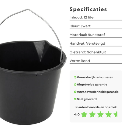 Cheqo® Zwarte Kunststof Emmer - 12 Liter - Met Schenktuit - Ideaal voor Bouw en Verf