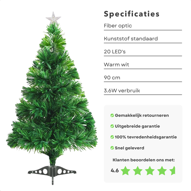 Cheqo® Kunstkerstboom 90 cm - Kerstboom met Kerstlampjes - Fiber Optic Verlichting - Warm Wit LED - Binnengebruik