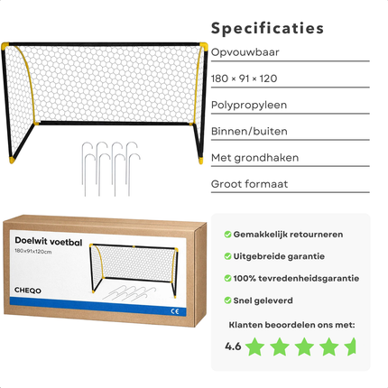 Cheqo® Opvouwbaar Voetbaldoel - Voetbal Training Doel - Voetbaldoel Voor Kinderen - Voetbaldoel Voor Volwassenen - Kunststof Voetbalgoal - Makkelijk Op Te Bergen - Verankerbaar Voetbaldoel - Groot Voetbalgoal