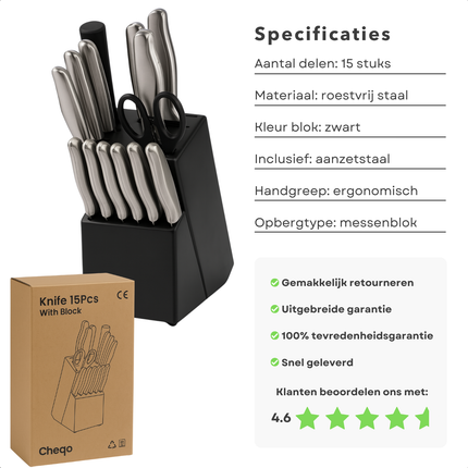 Cheqo® 15-delige Messenset met Messenblok Zwart – RVS Koksmes Broodmes Snijmes Santokumes – Steakmessen – Schilmes – Universeel Mes – Aanzetstaal – Keukenschaar – Anti-kleeflaag – Japanse Chefkok Messen – Strak Design