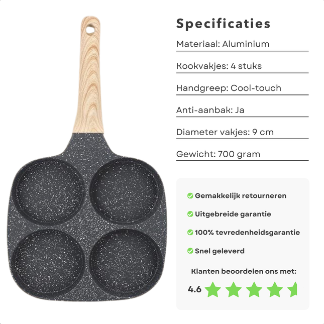 Cheqo® Pannenkoekenpan met 4 vakjes en bakelieten handgreep, specificaties weergegeven naast de pan, inclusief anti-aanbaklaag.