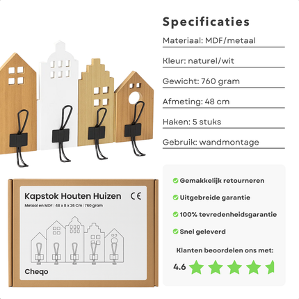 Cheqo® Kapstok Met Huisjes - Wandkapstok - Kapstok Met Haken - Decoratieve Kapstok - Huisjes Design - Kapstok Voor Hal - Kapstok Voor Kinderkamer - Moderne Kapstok - Compacte Kapstok - Jas Ophangen - Garderobe