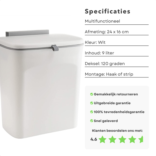 Cheqo® witte keukenafvalbak van 9 liter met schuifdeksel en hoge klantwaardering van 4,6 sterren.