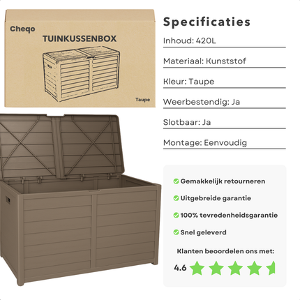 Cheqo® Kussen Opbergbox - Kussenbox - Tuinkussenbox - Tuinkussen Box - Weerbestendig & Verrijdbaar - Opbergbox Tuin voor Buiten - 420 L - Taupe