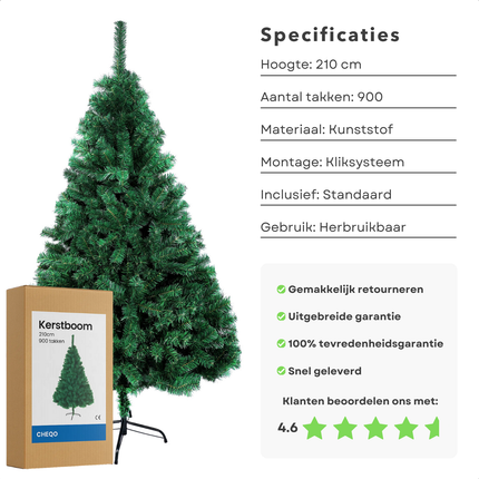 Cheqo® Kunstkerstboom 210 cm - 900 Takken - Kerstboom Met Standaard - Duurzame Materialen - Milieuvriendelijk Alternatief - Eenvoudig Op Te Zetten - Volle Uitstraling - Flexibele Takken - Stabiele Kerstboom - Herbruikbare Kerstboom
