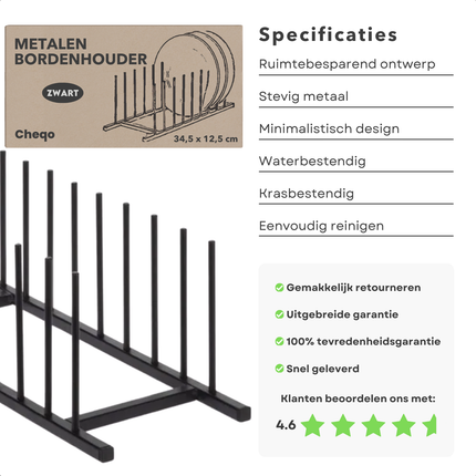 Cheqo® Zwart Metalen Bordenhouder - Pannendeksel Houder - Dekselhouder - Keuken Organizer - Afdruiprek