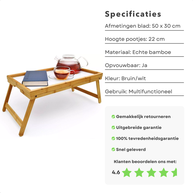 Cheqo® Bamboe Inklapbaar Dienblad - Dienblad voor Ontbijt op Bed - 50x30 cm - Bruin/Wit