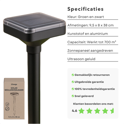 Cheqo® Mollenverjager Solar - Diervriendelijk Mollen Verjager - Ultrasone Ongediertebestrijder - Mollenbestrijding Zonne Energie