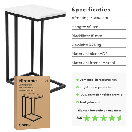 Cheqo® Bijzettafel - Bedtafel - Laptoptafel - Banktafel - Bijzettafeltje - Salontafel - Bijzet Tafel - Metaal - Marmeren MDF Tafelblad - Kleine Moderne Tafel - Wit