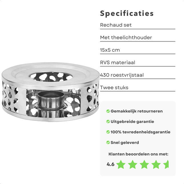 Cheqo® theelichthouder set van 2, RVS rechaud 15 cm, elegante design met klantbeoordeling 4.6 sterren, specificaties bijgevoegd.