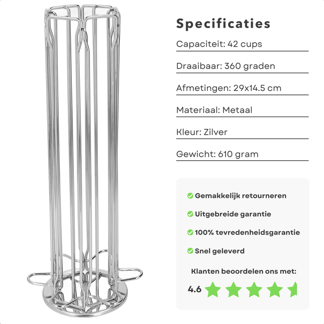 Cheqo® Nespresso Capsulehouder zilver metaal, capaciteit voor 42 cups, draaiend ontwerp, kwaliteitsgarantie en klantbeoordeling 4.6.