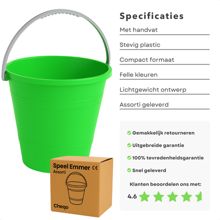 Cheqo® Plastic Emmer - Strand Emmer - Zandbak Speelgoed - Emmertje - Emmer - Kinderspeelgoed Buiten - Met Handvat voor Strandplezier