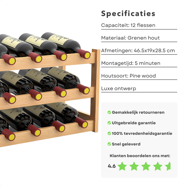 Cheqo® houten wijnrek met 12 flessen capaciteit, gemaakt van grenen hout, luxe design, afmetingen 46.5x19x28.5 cm, klantbeoordeling 4.6 sterren.