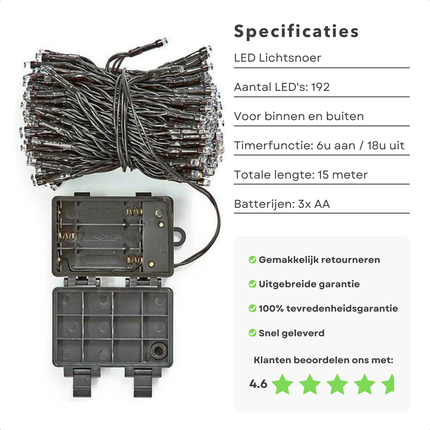 Cheqo® Kerstverlichting - Kerstboomverlichting - Kerstlampjes - LED Kerstverlichting - 192 Warm Wit Lampjes - Timer & Waterdicht - 14.5M Batterij Aangedreven