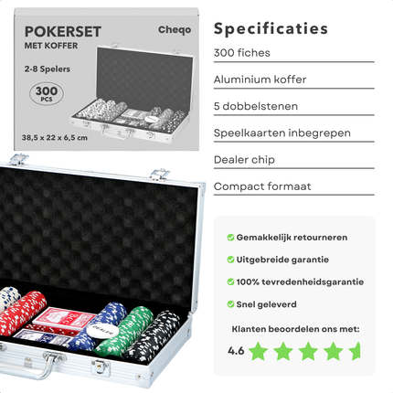Cheqo® Pokerset Aluminium Koffer - Pokeren - Poker Set met 300 Fiches - Poker Spel voor 5 Personen - Inclusief Dobbelstenen en Kaarten