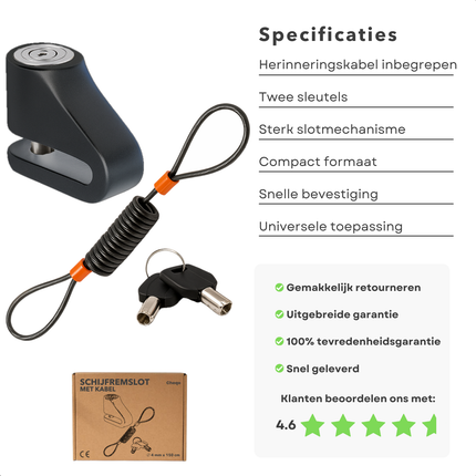 Cheqo® Remschijfslot voor Motor, Fiets & Fatbike Slot - Motorslot - Schijfremslot met Reminder Kabel - Anti-diefstal - Inclusief Kabel - Twee Sleutels