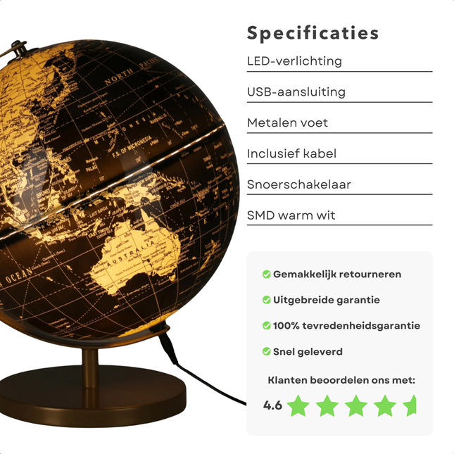 Cheqo® Wereldbol Lamp - Wereldbol Met Verlichting - Nachtlamp - Zwart & Goud - USB Aansluiting - Decoratieve Globe