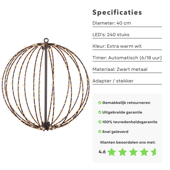 Cheqo® Kerstverlichting LED Lichtbol - Lichtbal - Kerstverlichting - 40 cm - Metalen Kerst Decoratie - Timer - Extra Warm Wit