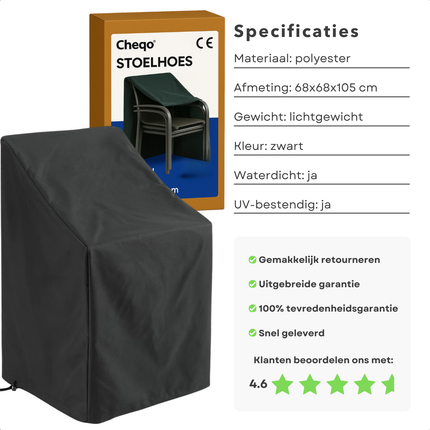 Cheqo® Tuinstoelen Afdekhoes - Tuinmeubelhoes - Stapelstoelhoes - Zwart - Outdoor Stoelhoes - Voor Buitengebruik - Stoelhoes Met Trekkoord - Hoes voor Tuinstoelen - Tuinstoel Afdekhoes - Meubeulhoes