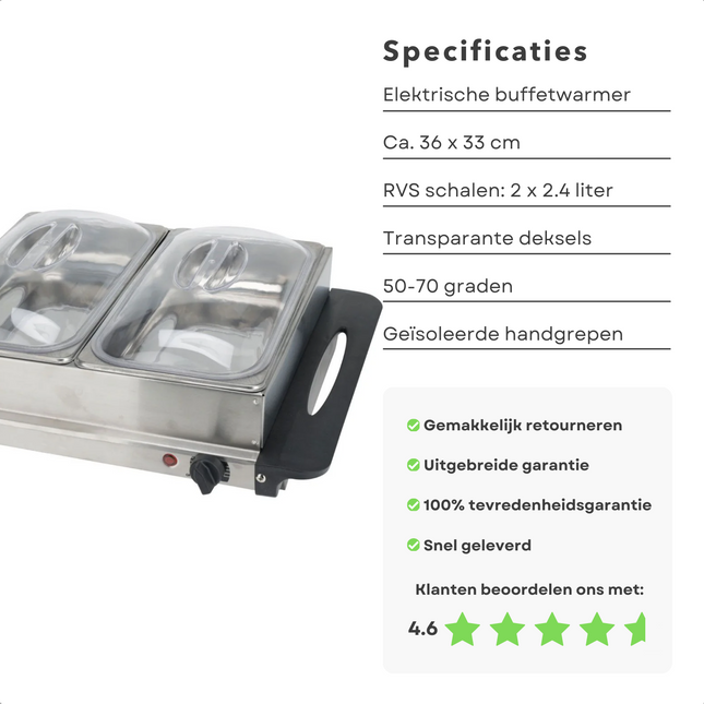 Elektrische buffetwarmer met specificaties en beoordelingen, inclusief 2 RVS schalen, transparante deksels en geïsoleerde handgrepen.
