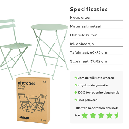 Cheqo® Bistroset Metaal Groen - Compacte 3-delige Balkonset - Tuinset - Tuintafel Set - Tuin Tafel Set - Weerbestendig