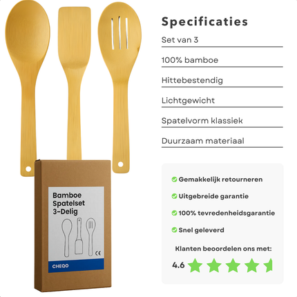 Cheqo® Bamboe Spatelset - 3-Delig - Keukenaccessoires - Duurzame Spatels - Milieuvriendelijk - Kookgerei Set - Hittebestendig - Lichtgewicht Ontwerp - Natuurlijke Uitstraling - Spatels Voor Koken - Bamboe Keukengerei